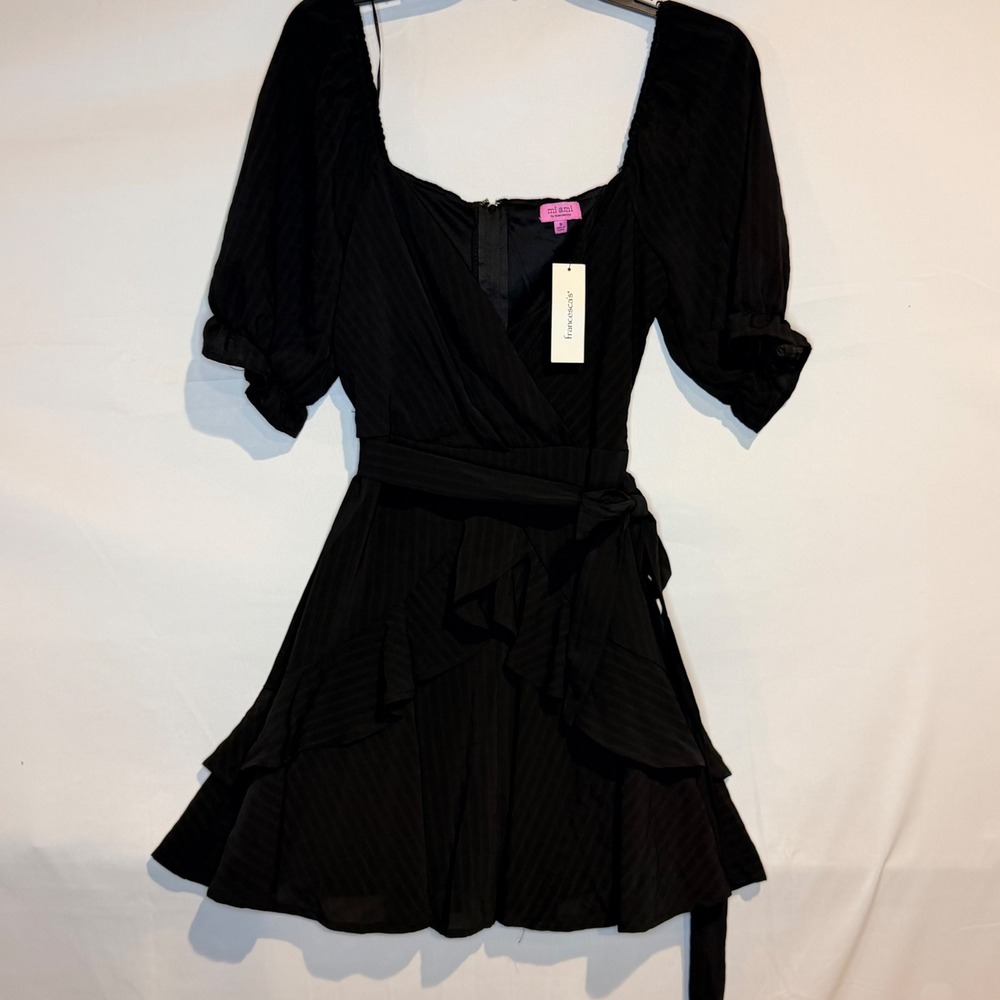 Mi Ami for Francesca's Black Textured Stripe Ruffle Puff Sleeve Mini Dress S